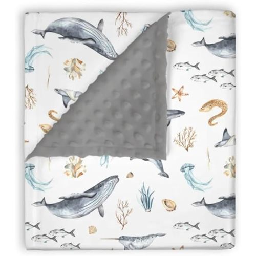 Mink Baby Boy Blanket Under the Water Sea Animals, Ocean Creature Whale Fish Soft Double Layer Dotted Backing Receiving Swaddle, Newborn Infant Toddler Nursery Crib Bedding Shower Gift 30 x 40