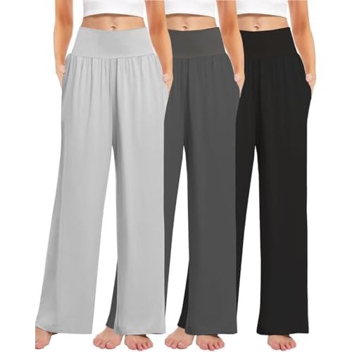 3PACK Women's Casual Loose Wide Leg Cozy Pants Yoga High Waisted Sweatpants Comfy Lounge Pants with Pants with Pockets