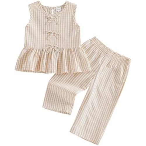 Kupretty Toddler Girl Clothes Baby Summer Outfits Gingham Ruffle Sleeveless Vest Shirt Tank Tops Pants Set 1T 2T 3T 4T 5T