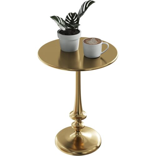 Home Iron Side Table - 16 Inch Small Round Drink Table with Pedestal Stand in Antique Gold Finish