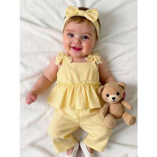 SHEIN Newborn Baby Girl Vacation Casual Cute Yellow & White Striped Camisole & Pants Set Baby Lemon Outfit Girls 6 9 Months Baby Girl Woven Outfit Yellow Baby Romper Baby Yellow Outfit Baby Girl Yellow Outfit Yellow Newborn Outfit Yellow Striped Baby Set