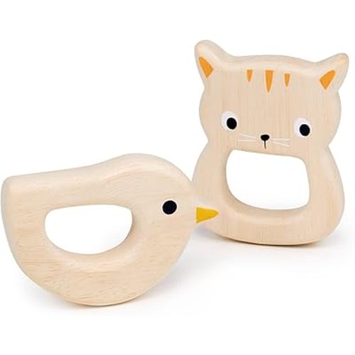 mentari Bird and Kitten Teether, Natural Wood, Handheld Baby Teething Toy, Safe and Soothing