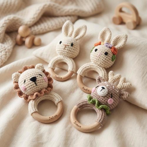 Crochet Baby Rattle, Wooden Teething Ring, Animal Rattle with Baby Name, Personalized Baby Gift, Neutral Baby Shower Gift, Newborn Gift