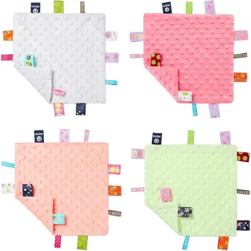 4 Pieces Baby Tag Security Blanket Baby Soothing Plush Blanket Sensory Soft Comforter Blanket Baby Animal Nursery Bed Blanket for 0-12 Months Babies, 9.5 x 9.5 Inch (Gray, Pink, Orange, Green)