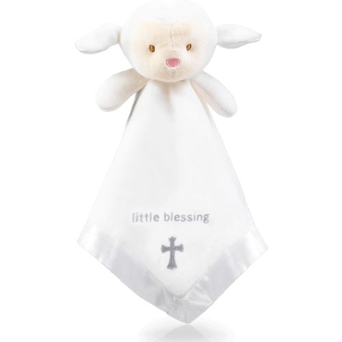 Lamb Lovey, Baptism Gifts for Girl & Boys - Loveys for Babies, Soft Embroidered Baby Blanket with Cross, Baptism Blanket for Newborns & Toddlers, Organic Cotton,14 inch