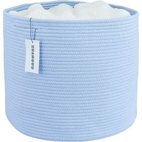 Cotton Rope Basket For Girls Boys Kids 16”X14” Baby Laundry Baskets Nursery Bin Round Woven Basket For Storage Toys Blankets Shoes Clothes blue