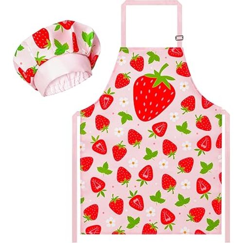 R HORSE Kid Apron and Chef Hat Set - 2Pcs Strawberry Adjustable Children Kitchen Toddler Apron for Girls Role Play Chef Toy Cooking Gift Birthday Gift for Kids Cooking Baking Painting and Training