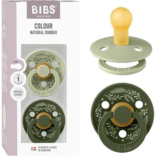 BIBS Colour Holiday Pacifier 2-Pack, BPA Free Pacifier, Round Nipple. Natural Rubber Latex, Made in Denmark, Size 1 (0-6 Months), Sage/Hunter Green