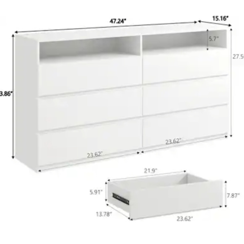 Vipbear - 6-Drawer Double Dresser with Power Outlet & LED Lights, Wide Storage Chest with Open Shelving - White
