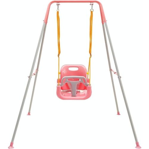 FUNLIO Toddler Swing with Foldable Metal Stand for Aged 1~10 Years, 3-in-1 Baby Swing Set with 4 Sandbags for Backyard, Kids Swing Set for Indoor/Outdoor Play, Easy to Assemble & Store, Pink