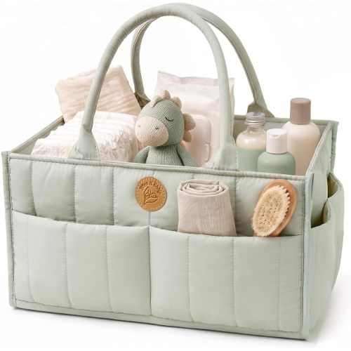 Baby Diaper Caddy Organizer - Portable Diaper Caddy with Handles & Removable Dividers - Large & Quilted Nursery Storage Basket - Changing Table Bag for Car - Baby Shower & Registry Gift - Sage Green