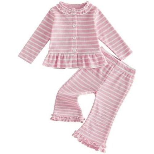 WZTYYDS Fall Baby Girl Clothes Long Sleeve Ruffle Tops Bell Bottoms Pants Set Toddler Waffle Knit Striped Flared Outfit