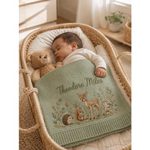Personalized Woodland Baby Blanket, Custom Name Knit Blanket, Deer Hedgehog Squirrel Nursery Gift, Newborn Baby Shower Keepsake