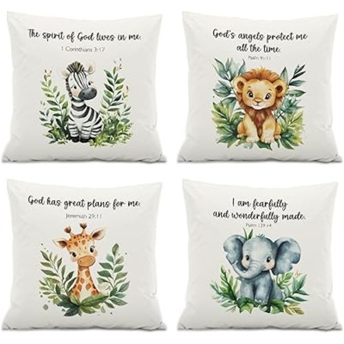 Kids Room Decor,Animal Baby Bible Verse Throw Pillow Covers,Inspirational Christian Pillow Covers for Nursery Playroom Toddler Baby Bedroom Decor,18x18 Inch Pillowcase Set of 4
