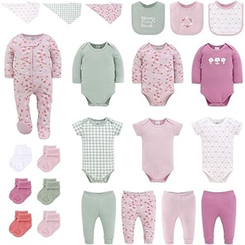 The Peanutshell 23-Piece Baby Girl Clothes Set, 100% Cotton, Newborn Essentials Must Haves, Flora Pink & Green