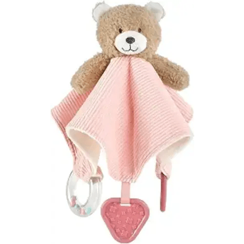 CREVENT 3-in-1 Baby Lovey Blanket with Teether & Rattle | Plush Chewable Animal Head Security Blanket, Birthday Gift - Pink Bear