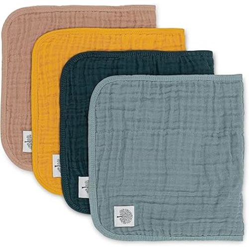 Parker Baby Muslin Burp Cloths | 100% Cotton Burping Clothes, Newborn Essential | Must-Have Baby Registry, Modern and Trendy Colors | 20"x11" Unisex Large Baby Burp Cloths, 4-Pack Dune Set