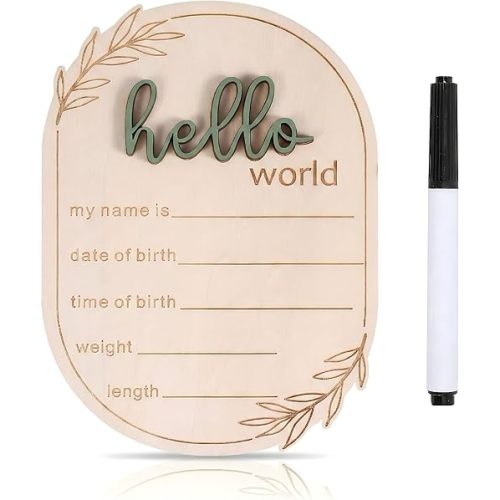 Baby Announcement Sign with Pen, Wooden Hello World Newborn Sign