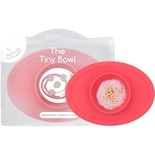 ezpz Tiny Bowl (Coral) - 6 Months+ - 100% Silicone Suction Placemat + Bowl for Infants - Fits All Highchair Trays - Baby-Led Weaning Supplies