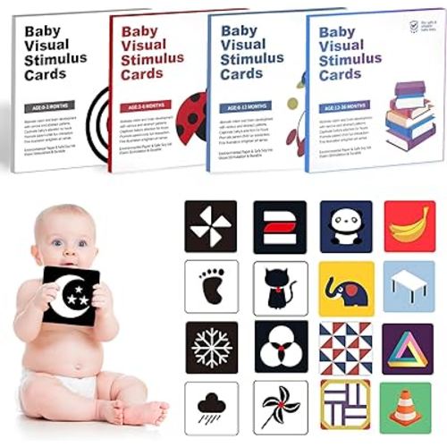 Flash Cards Baby Visual Stimulation Cards for 0-3-6-12-36 Months, 0-3 Months Infant Newborn Tummy Time Toys Gifts 5.5''×5.5'' Large for Sensory Development Black White Card Set