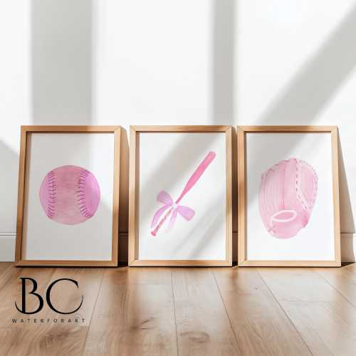 Pink watercolor Softball Nursery wall art set of 3, Softball Glove, bats and ball prints, pink sports decor, Baby girl gift