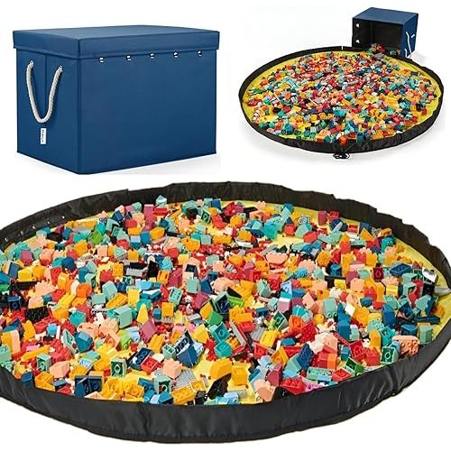 Kids Toy Box Chest Storage with Lid and Big Play Mat for Boys and Girls,Collapsible Fabric Toy Building Bricks Storage Container Organizer Bin with Rug for Playroom and Nursery Organization