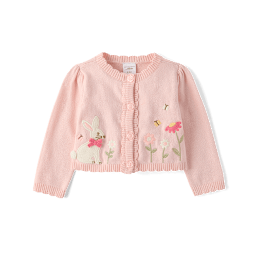 Baby Girls Applique Bunny Scalloped Cardigan - Enchanted Garden - Pink