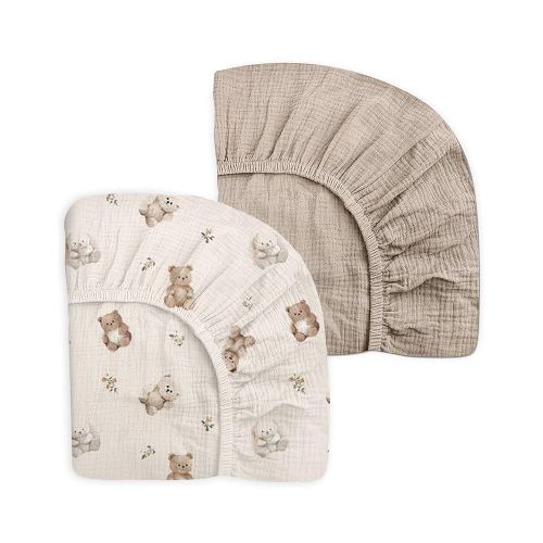 Mini Crib Sheets for Baby Boy Girl 2 Pack, Neutral Mini Crib Mattress Sheet 24" x 38", Muslin Nursery Bedding Soft and Breathable Comfort (Teddy & Friends)