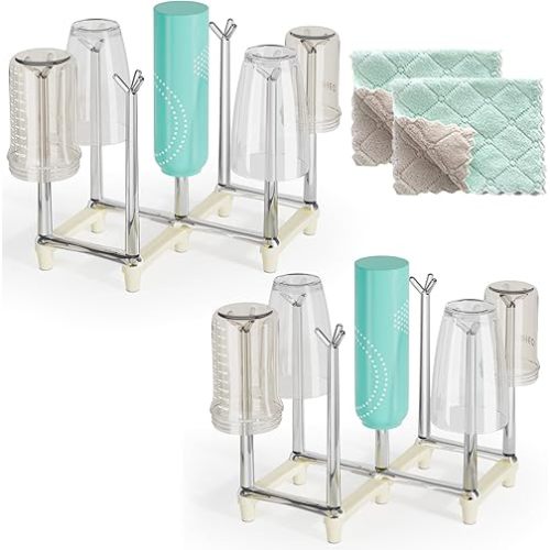 Marbrasse Retractable Cup Drying Rack, Drinking Glass and Sports Bottle Drainer Stand, Plastic Bag Dryer with Non-Slip Bottom for Kitchen Countertop, 2p - White