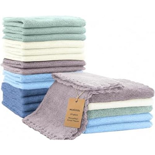 20 Pack 10x10 Inches Microfiber Coral Fleece Baby Washcloths,Extra Absorbent,Soft Wash Clothes,Bath Face Towel for Newborn,Infant and Toddlers (Muticolor)