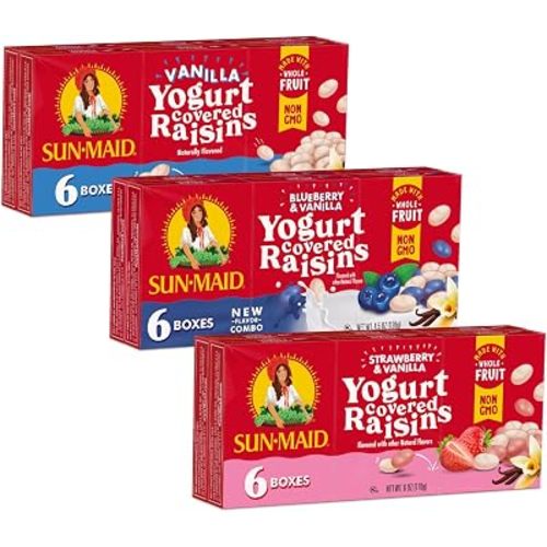 Sun-Maid - Paquete de bocadillos de pasas cubiertas de yogur en 3 sabores - 1 onza, 6 cajas de tamaño para bocadillo por sabor - Bocadillo de fruta seca cubierta de yogur de vainilla, arándano y fresa