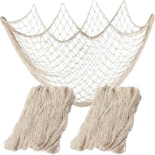 Nature Fish Net Wall Decoration with Shells, Ocean Themed Wall Hangings Fishing Net Party Decor for Pirate Party,Wedding,Photographing Decoration (2pack Beige(no Shells))