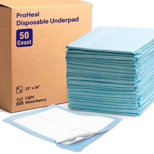 ProHeal Plus Light Fluff Underpad, Incontinence Bed Pad, Leak Proof Poly Backing, 23" x 36" - 50 Pack