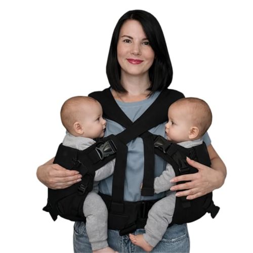 Black 5-in-1 Twin Baby Carrier - Tandem Babywearing Carrier for Twins & Siblings, Adjustable Ergonomic Newborn to Toddler Carrier, Soft Cotton, Back Support, 5 Carry Positions, Fits XS–XXXL