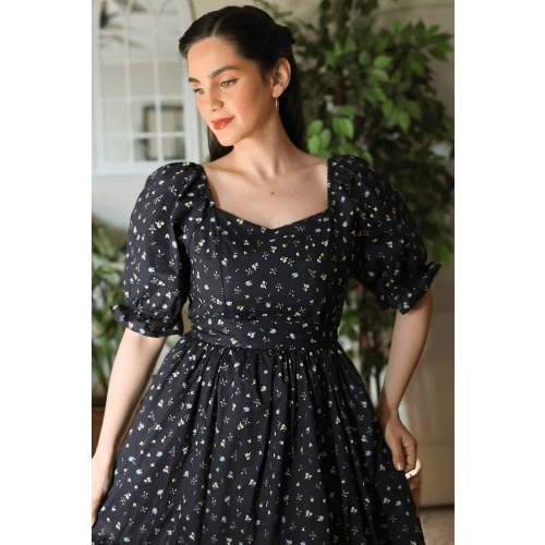 Ann Midi Dress with Nursing Zippers in Black Floral