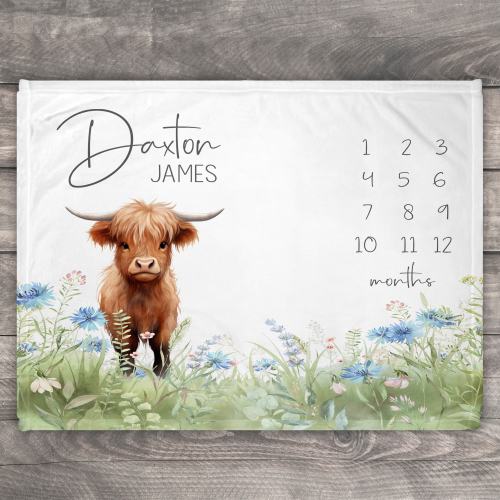 Boho Highland Cow Milestone Blanket, Monthly Baby Blanket, Highland Cow Baby Shower Gift, Highland Cow Theme Nursery Decor, Personalized