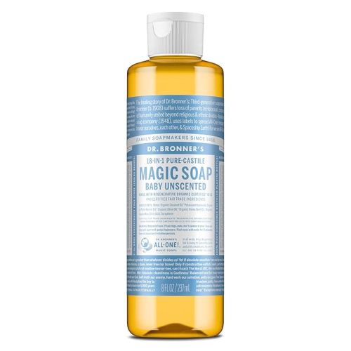 Dr. Bronner's Pure-Castile Magic Liquid Soap (Baby Unscented, 8 Ounce)- Made with Regenerative Organic Certified Oils, For Face, Body Wash, Baby Soap, Sensitive Skin, No Added Fragrance, Vegan