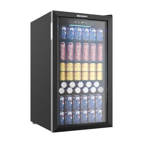 EUHOMY Beverage Refrigerator and Cooler, 126 Can Mini fridge with Glass Door, Small Refrigerator with Adjustable Shelves for Soda Beer or Wine, Perfect for Home/Bar/Office (Black Steel).