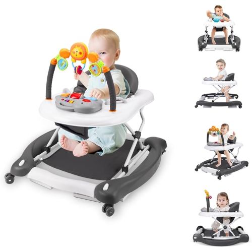 Baby Walker, 5-in-1 Baby Walkers for Boys and Girls 6-12 Months with Bouncer, Removable Footrest, Feeding Tray & Music, Foldable & Adjustable Activity Walker for 6-18 Months Toddler Infant