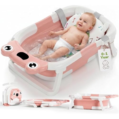 DEANIC Baby Bathtub for Newborns & Infants (0–12 Months), Foldable Baby Bath Tub for Easy Storage, Soft Support Cushion for First Baths, Portable for Indoor & Travel Use (Grey)