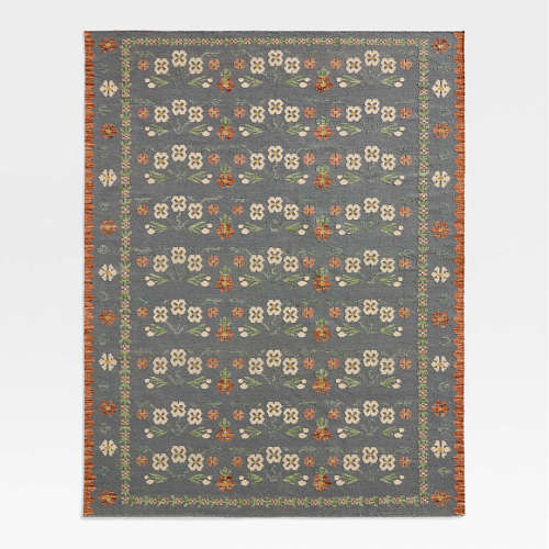 Tansie Floral Kilim Navy Blue Wool and Cotton Kids Area Rug 5x8 by Sharland England