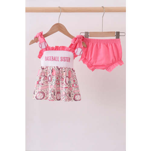 Pink baseball smocked ruffle bloomer set