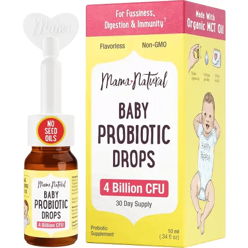 Mama Natural Baby Probiotic Drops | Pediatrician-Approved Infant Probiotic Colic Drops – Infant Gas, Constipation, Fussiness & Immune Support Supplement – 10 Strains & 4 Billion CFU with MCT Oil