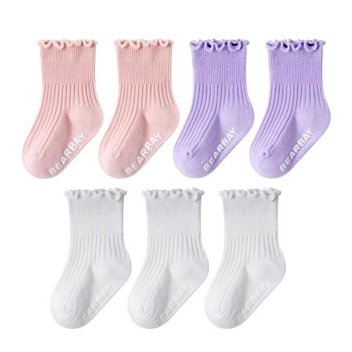 Bearbay 7 Pairs Baby Socks Girls Ruffle Grip Socks Non-Slip - Cute Cotton Ankle Walking Socks