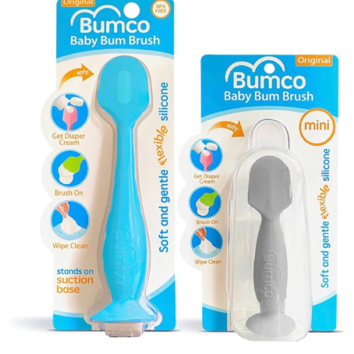 Bumco Baby Bum Brush + Mini Baby Diaper Cream Spatula with Case - BPA-Free Silicone Diaper Spatula with Suction Cup, Wipe-Clean, Mom-Invented Butt Paste Applicator (Blue & Gray)