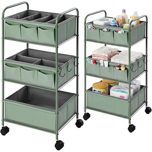WILLBOND 3 Tier Baby Diaper Caddy Organizer Cart with 4+3 Dividers Large Capacity Metal Utility Bedside Rolling Cart for Newborn Nursery Essential Must Have for Crib Bedroom Baby Shower(Green)