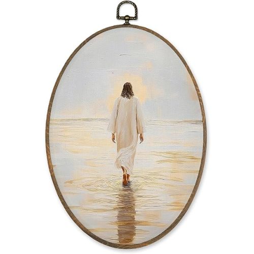 LKETW Christian Jesus Oval Wall Art Decor, Christian Jesus Walking on Water Oval Canvas Hanging Decor, Religious Bible Verse Wall Decorations for Church Prayer Room Home Bedroom, 8.6x11.4 Inch