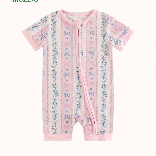 MIOZING Baby Girl Clothes/Bamboo Fiber Baby Jumpsuit/Summer Short Sleeve Jumpsuit/Daily, Flower And Bow Pattern/Suitable for Vacation Wear/Outdoor Play/Baby Products/Baby Girl Items, Perfect for Outdoor