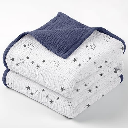 Lulu moon Muslin Quilt Blanket, Crib Blanket for Baby and Toddler,47x47 Inches(Blue Star)
