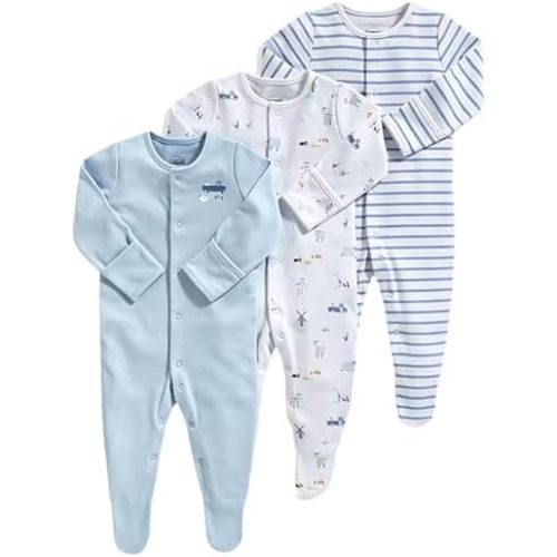 MOSSRIVER Baby Cotton Footed Romper Long Sleeve Footies with Mitten for Newborn Toddler Boy Girl 3 Pack One-Piece Outfits